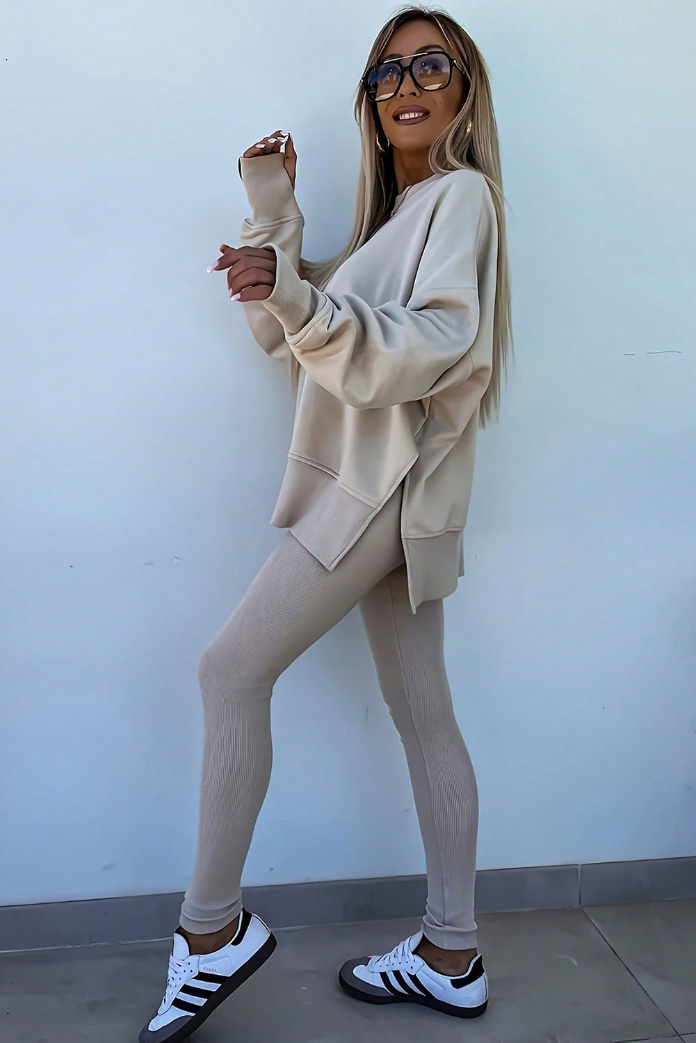 Jet Stream Oversize Slit Sweatshirt & Ribbed Leggings Set
