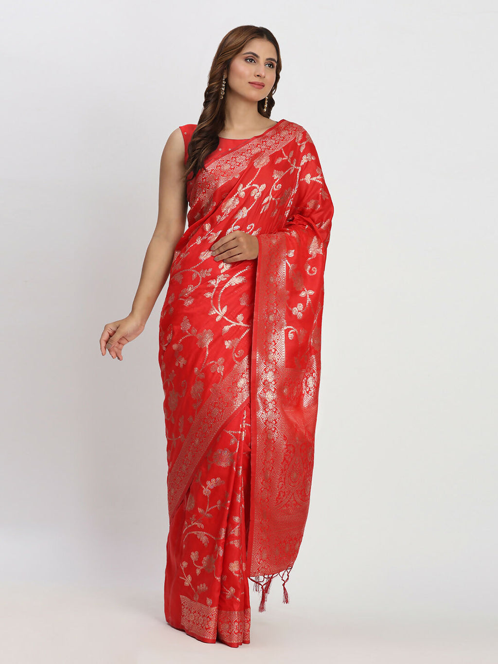 Classic Red Banarasi Silk saree with matching red blouse fabric