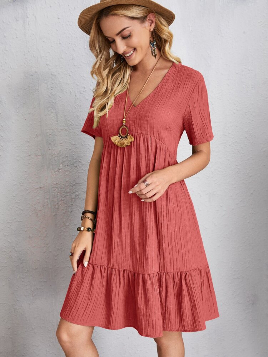 Classic V-Neck Short Sleeve Casual Midi Dress