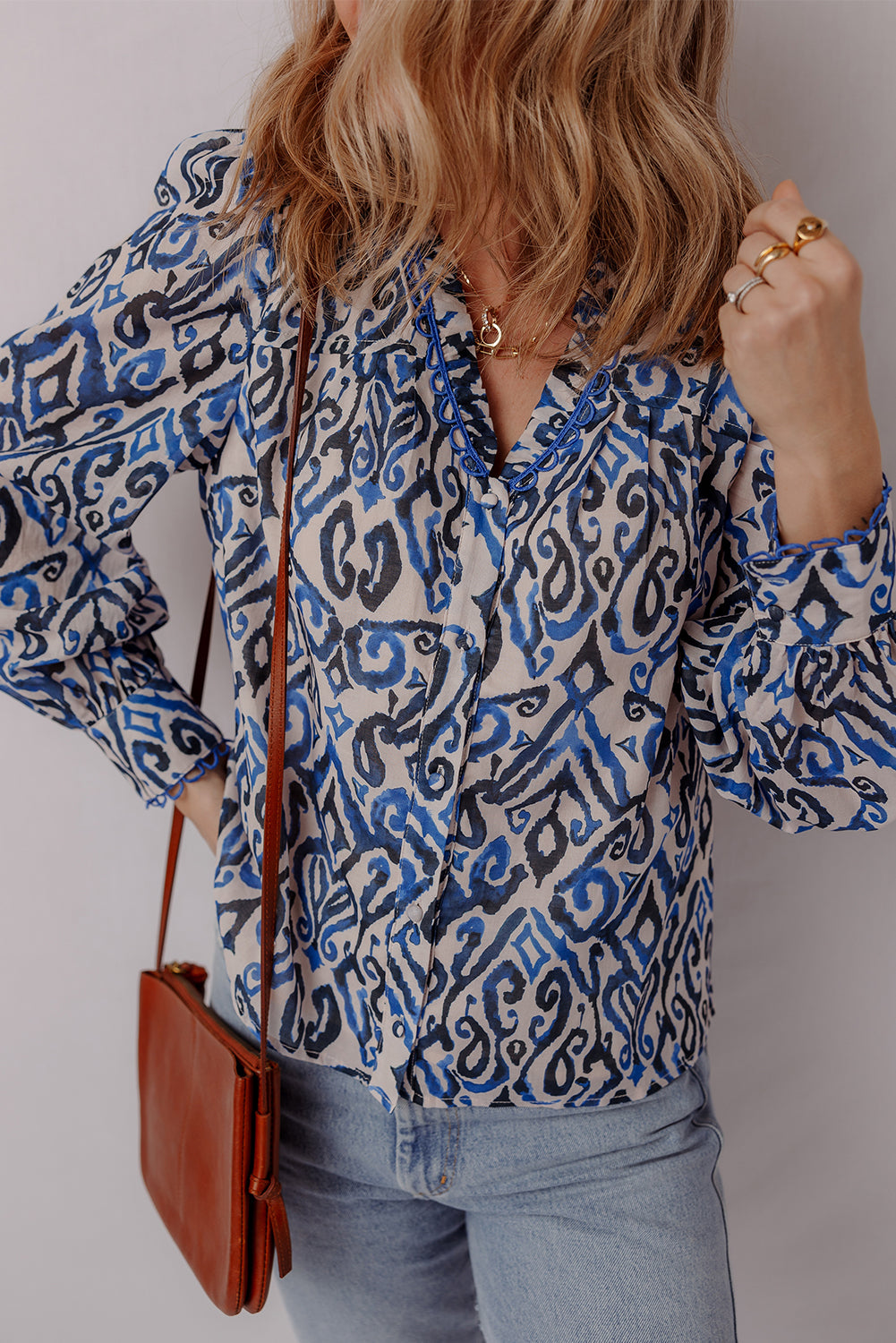 Blue Bohemian Embroidered V-Neck Long Sleeve Shirt