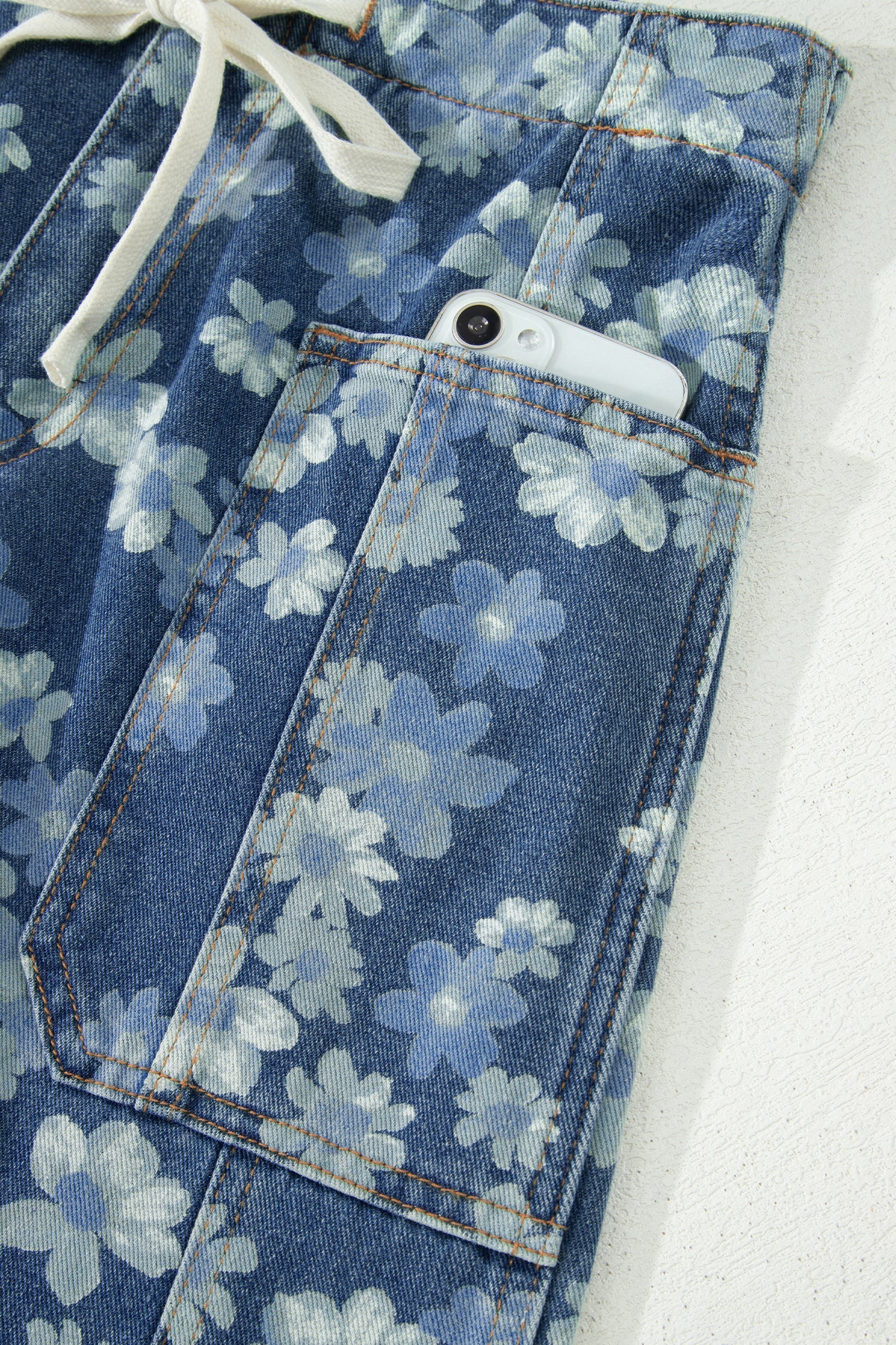 Sky Blue Dainty Floral Print Barrel Leg Drawstring Jeans