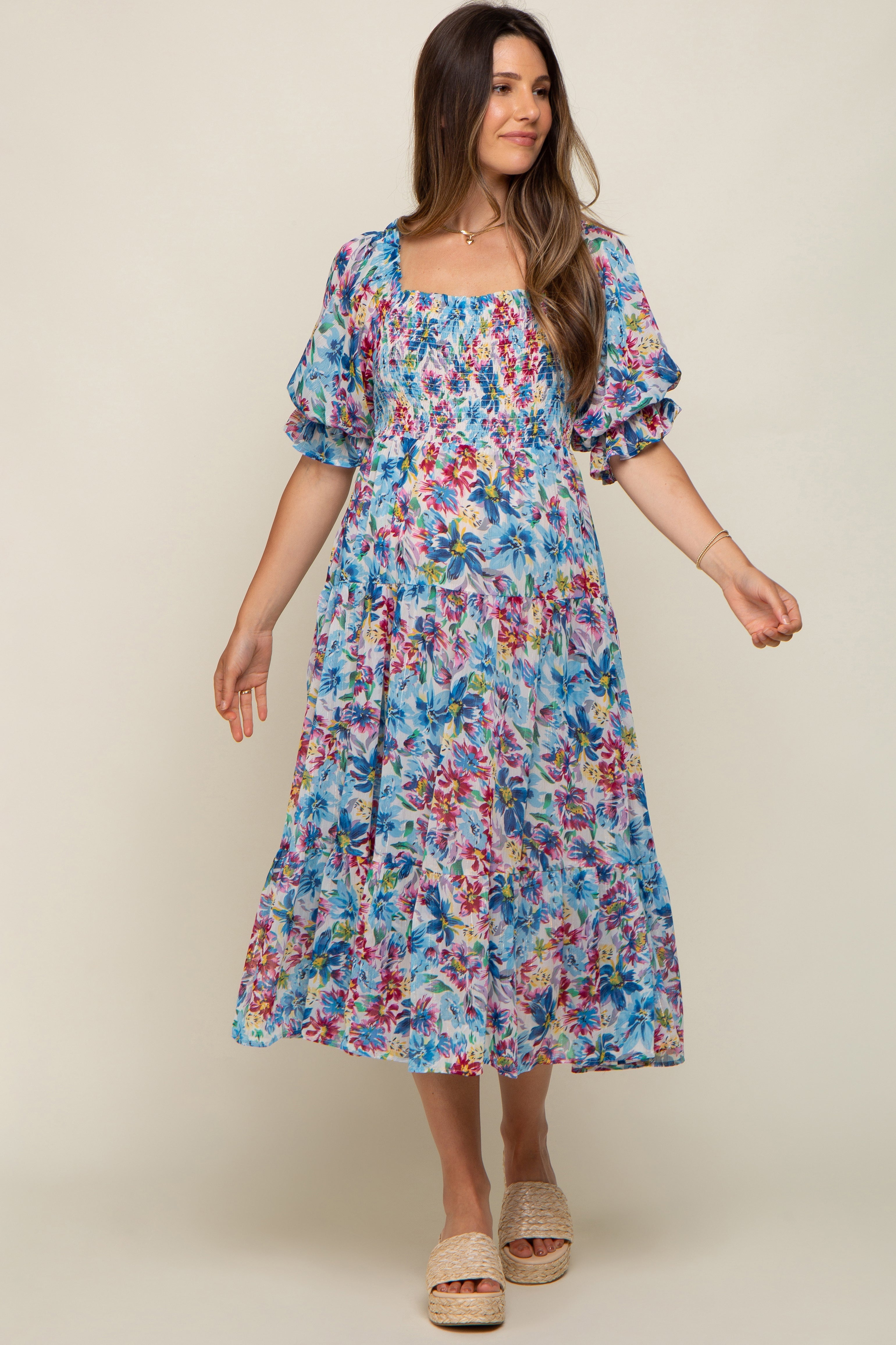 Blue Floral Shimmer Chiffon Ruffle Square Neck Smocked Maternity Midi Dress