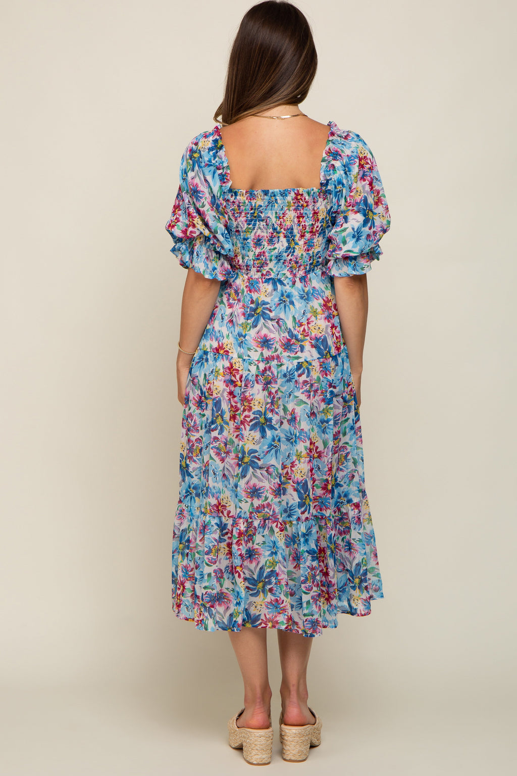 Blue Floral Shimmer Chiffon Ruffle Square Neck Smocked Maternity Midi Dress