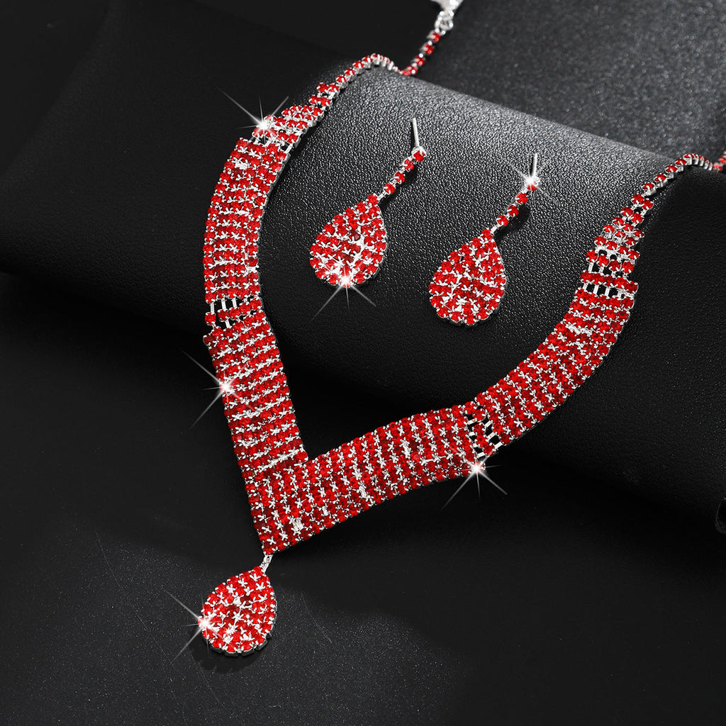 Spot Multi-Color Hot-Selling Wedding Jewelry Necklace Earrings Jewelry Set Luxury Rhinestone Bridal Set Chain