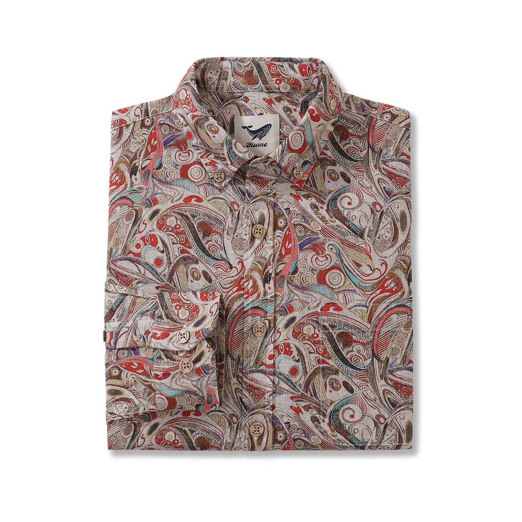 Men's Geometric Long Sleeve Button-Down Aloha Shirt in Beige