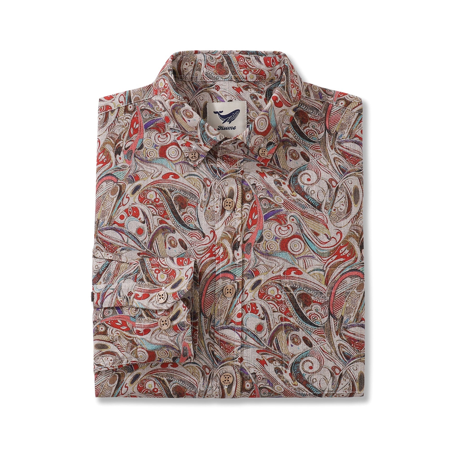 Men's Geometric Long Sleeve Button-Down Aloha Shirt in Beige