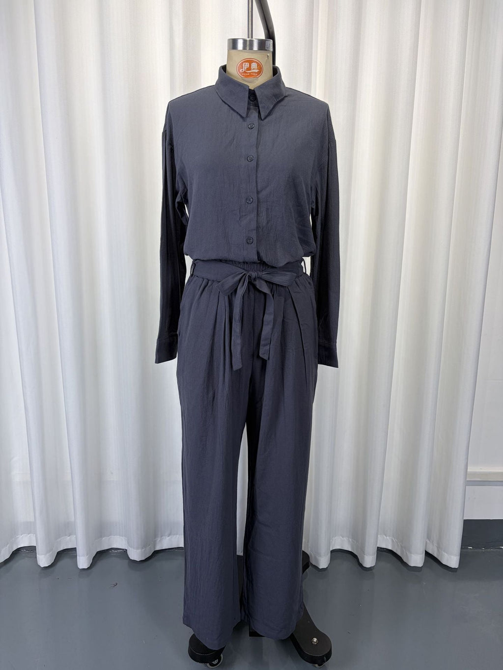 Linen-Look Shirt & Wide-Leg Trouser Set | Drawstring Waist 2-Piece | Gray