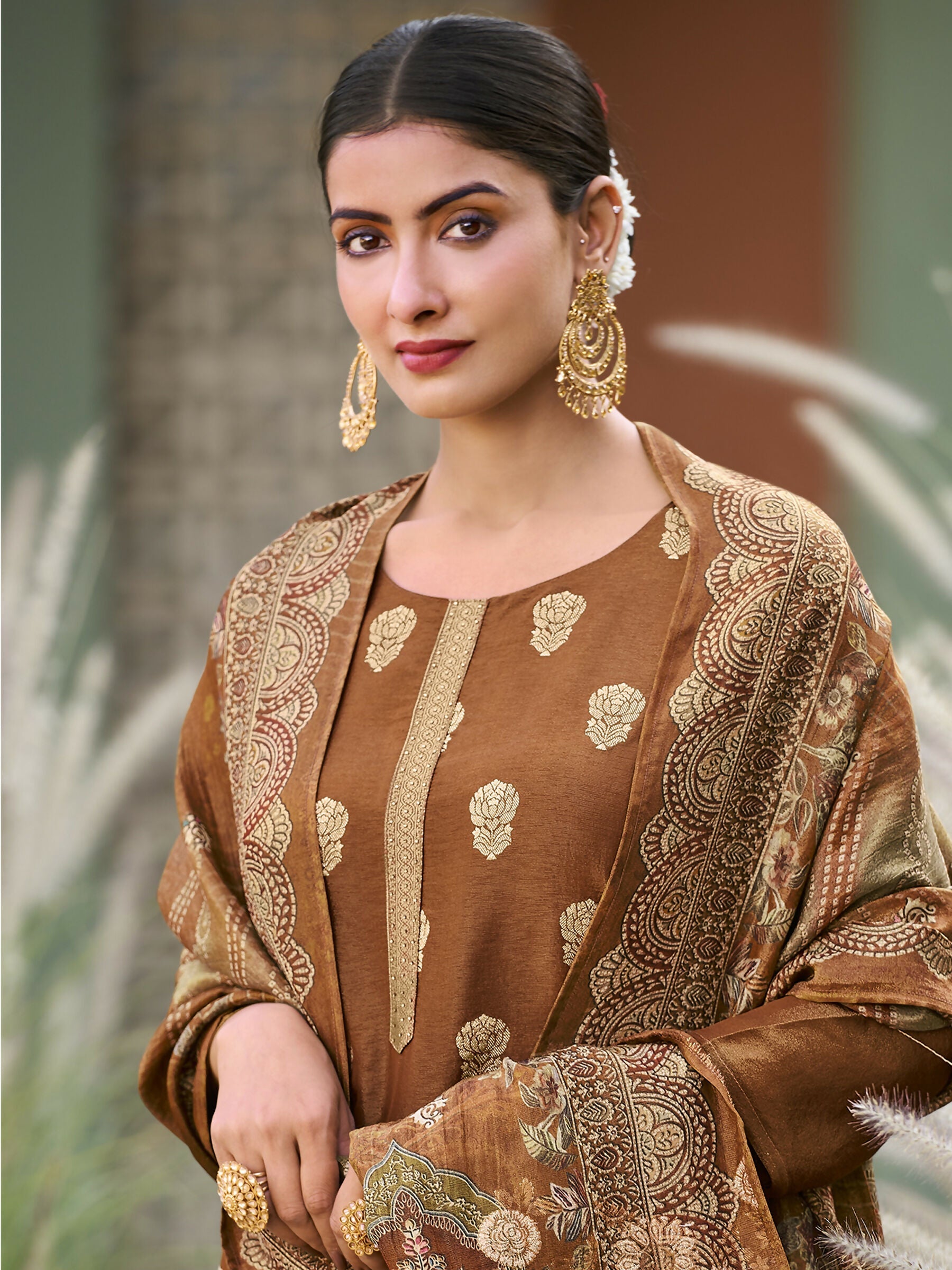 Women's Brown Pure Silk Jacquard Straight Kurta Set with Dupatta