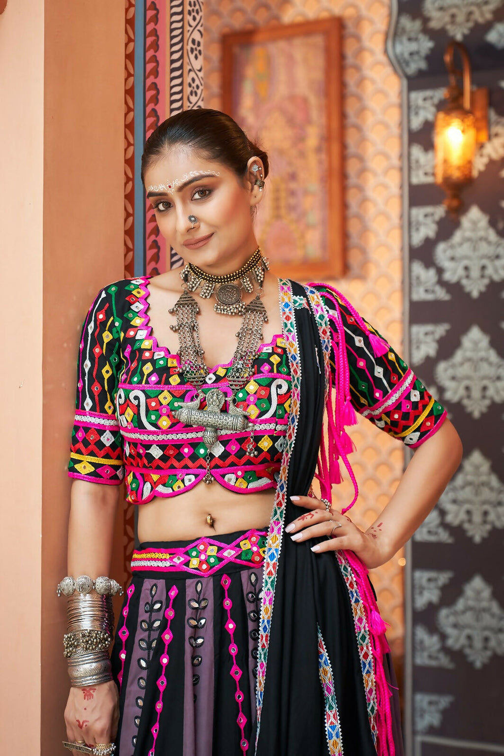 Multi-Color Viscose Rayon Navratri Lehenga Choli with Black Blouse