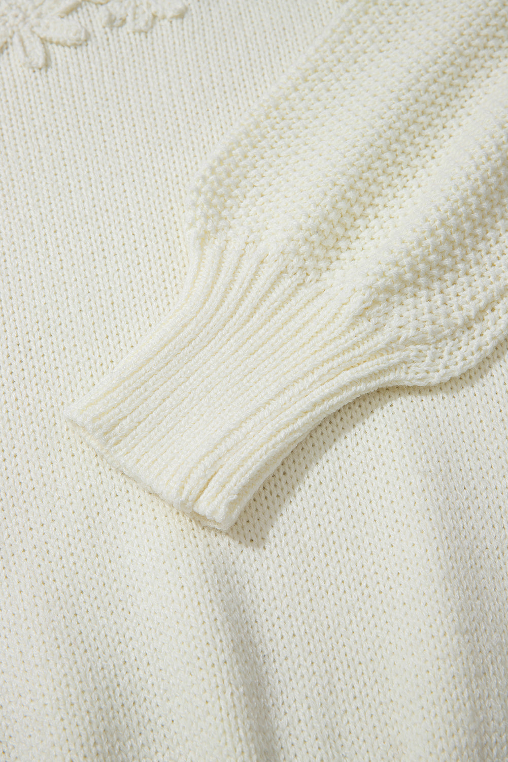 White Textured Puff Sleeve Sweater with Floral Applique Detail - Image 6