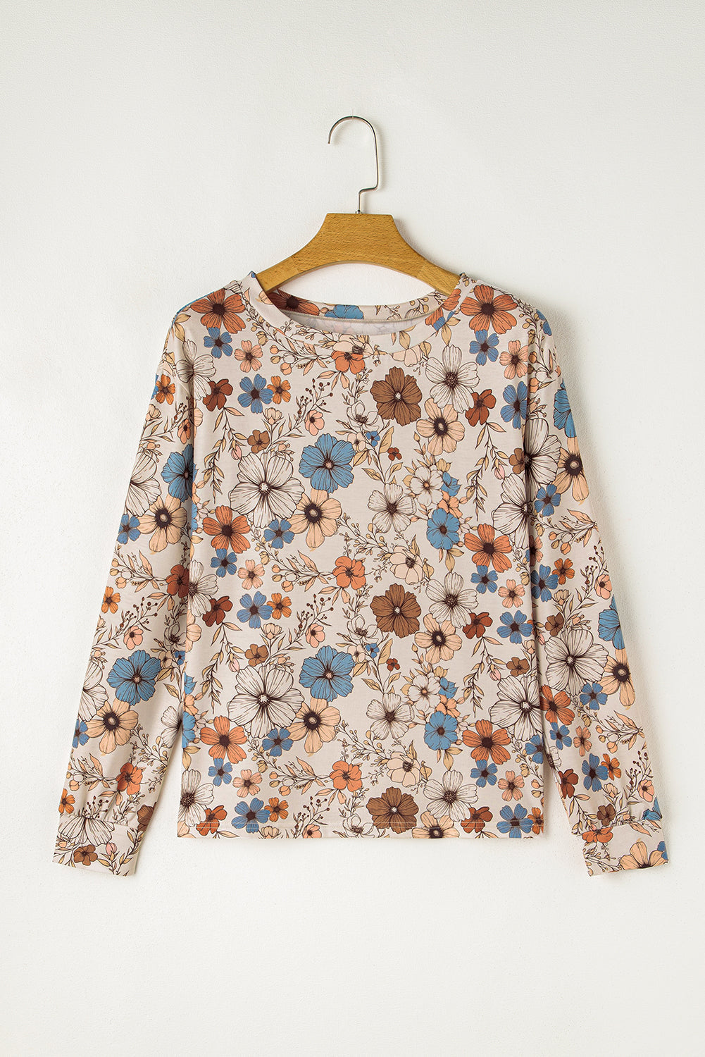 Khaki Floral Print Loose Crew Neck Long Sleeve T-Shirt