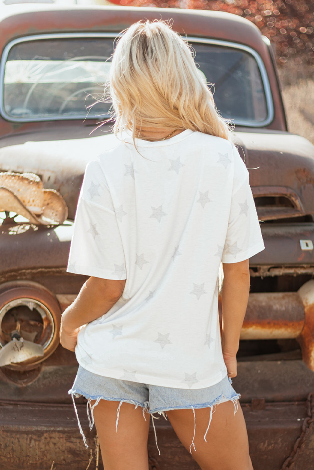 Khaki Patriotic Flag Bow Graphic Starry Round Neck T-Shirt