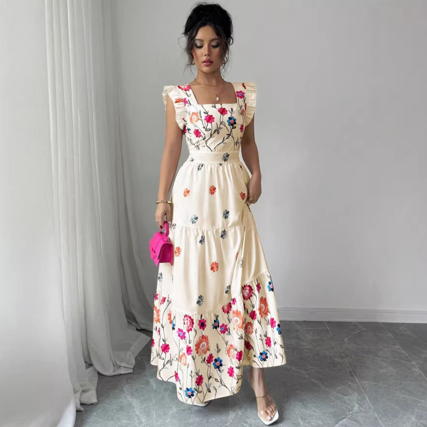 Women’s Puff Sleeve Floral Midi Dress in Cream Multi-Colored Cotton