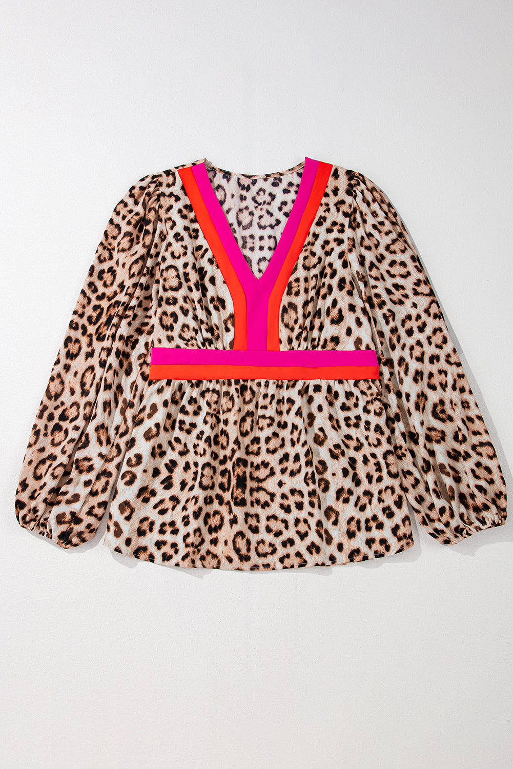 Cheetah Colorblock V-Neck Balloon Sleeve Babydoll Blouse