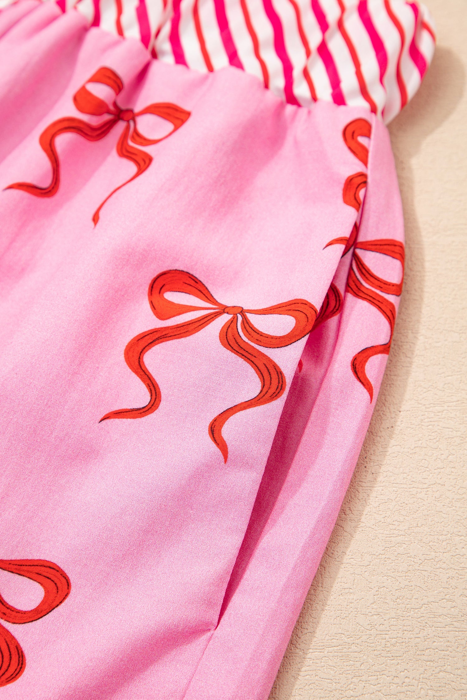 Pink Bow Print Striped Patchwork Shorts with Lace Trim