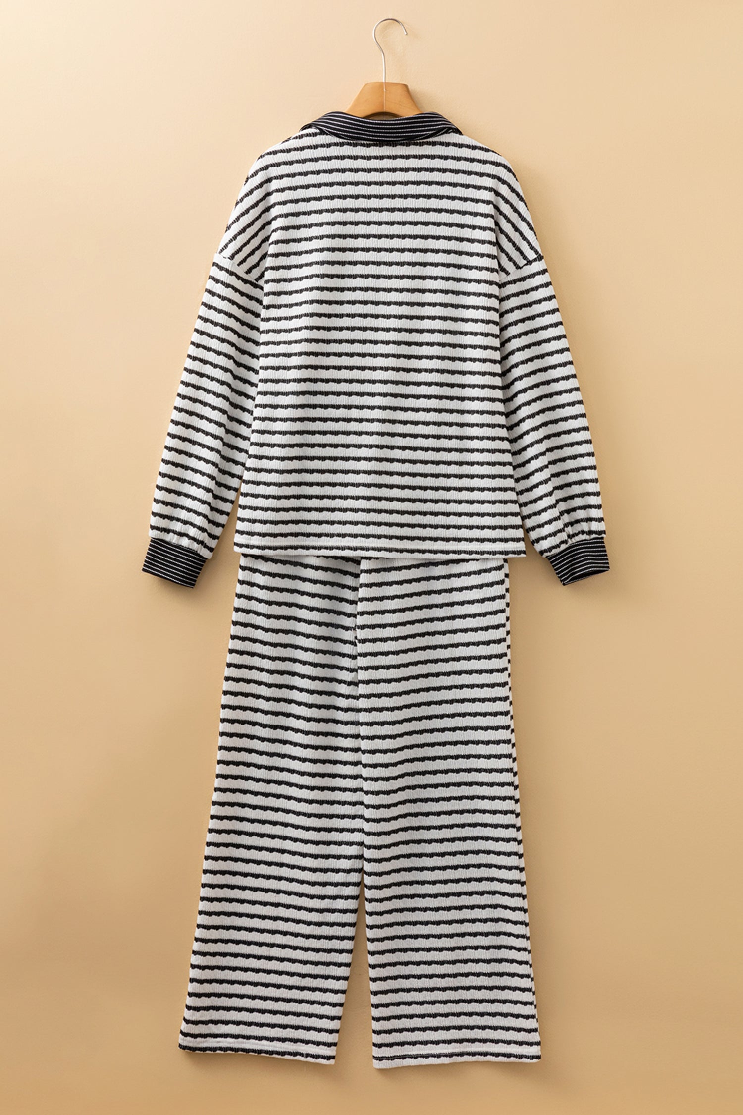 White Stripe Collared Pullover Top & Drawstring Pant Set