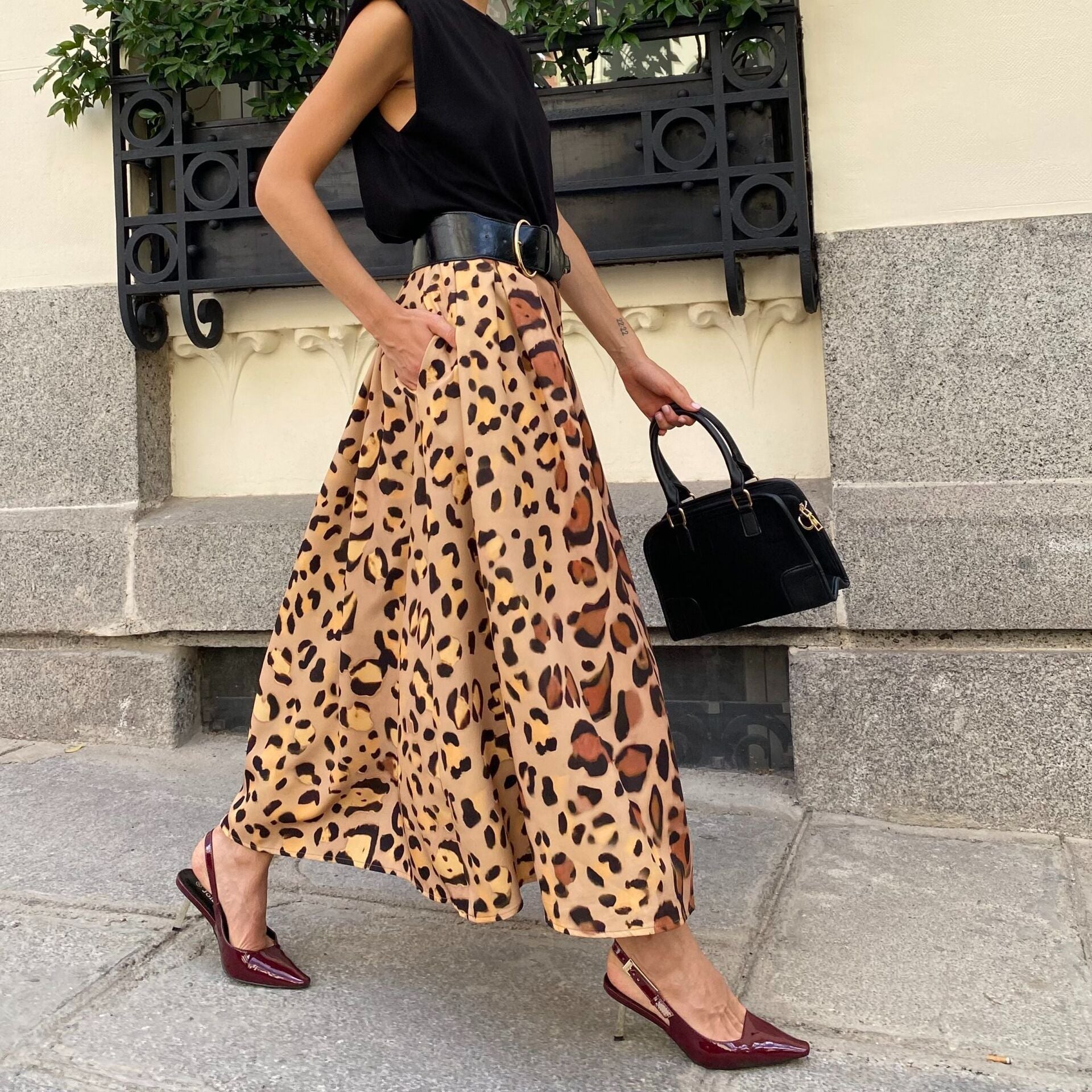 Women’s Leopard Print A-Line Skirt Elegant Big Hem Midi