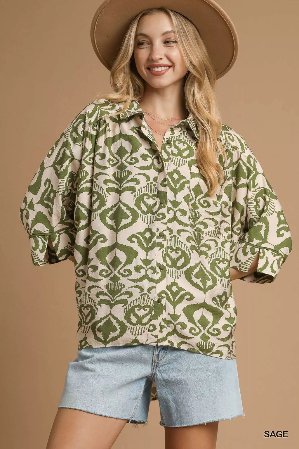 Sage Oversized Abstract Print Button-Up Shirt