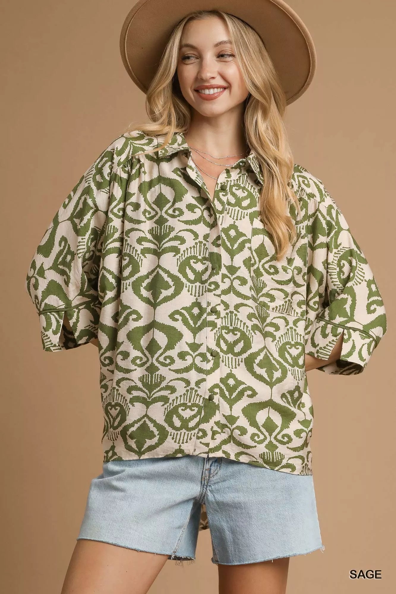Sage Oversized Abstract Print Button-Up Shirt