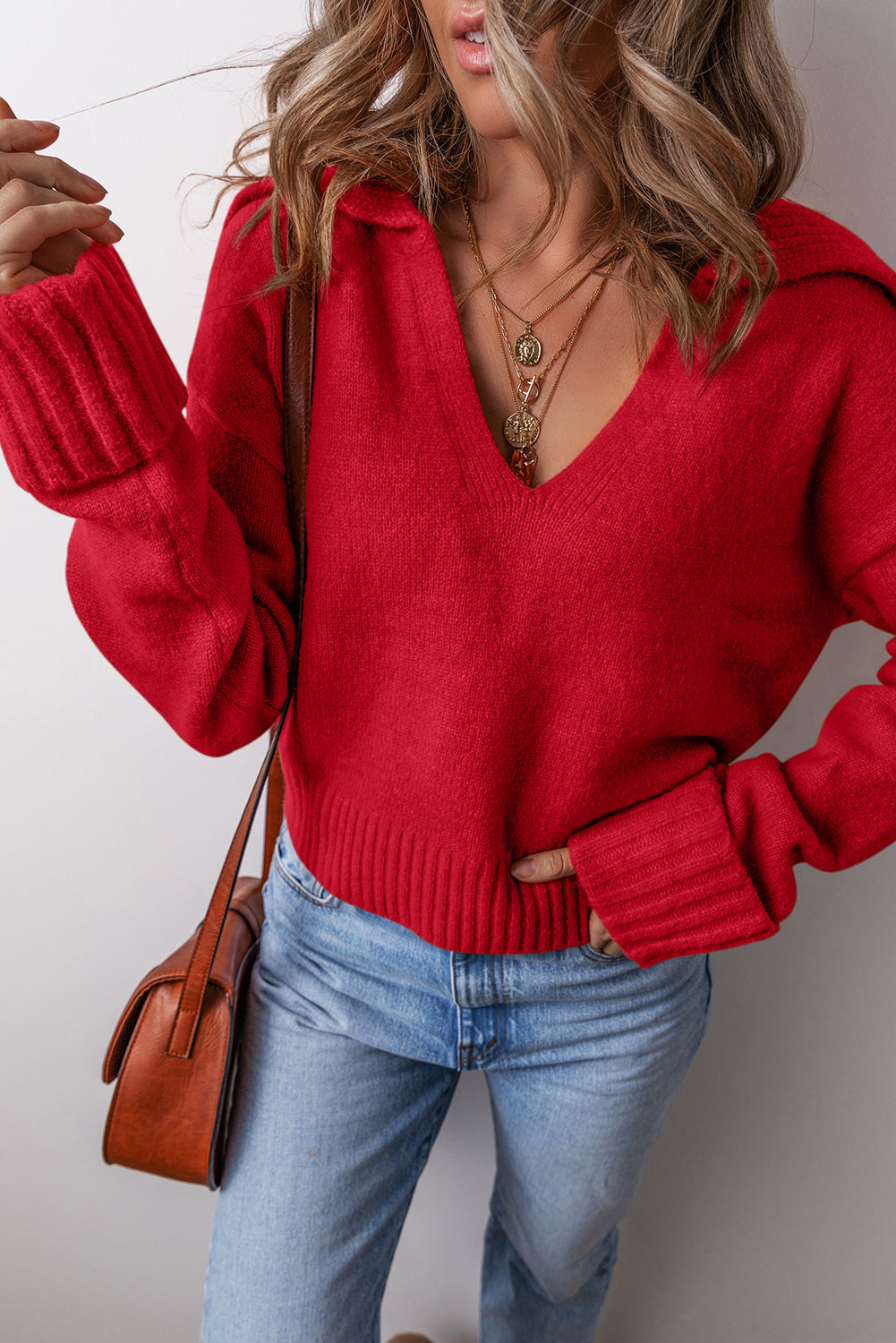 Solid Collared V-Neck Ribbed Edge Sweater