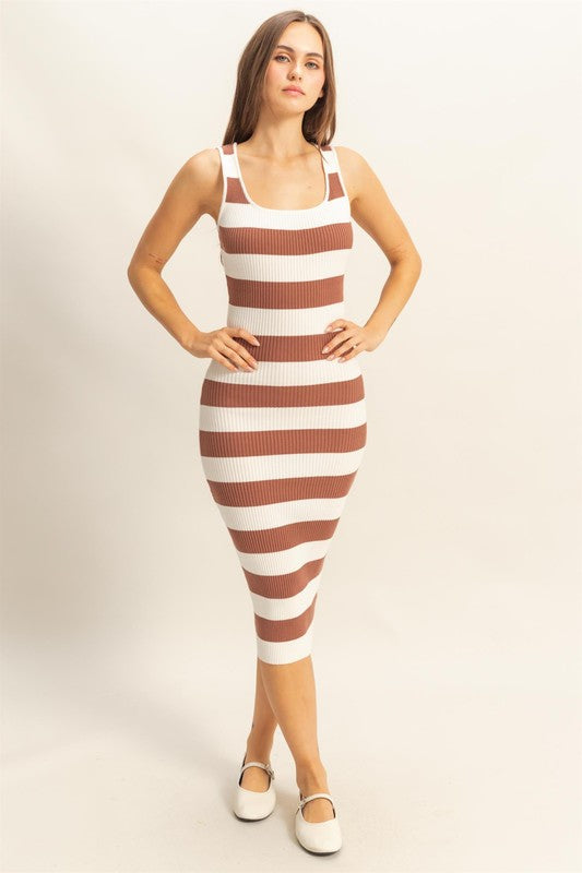 Striped Scoop Neck Wide Strap Knit Dress in Brown and White