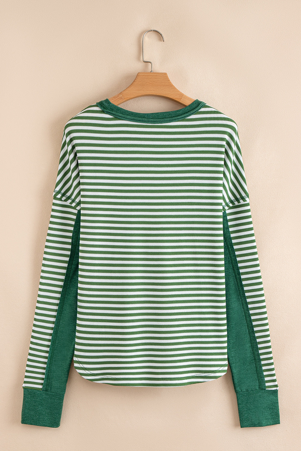 Khaki Stripe Thermal Knit Drop Shoulder Casual Top