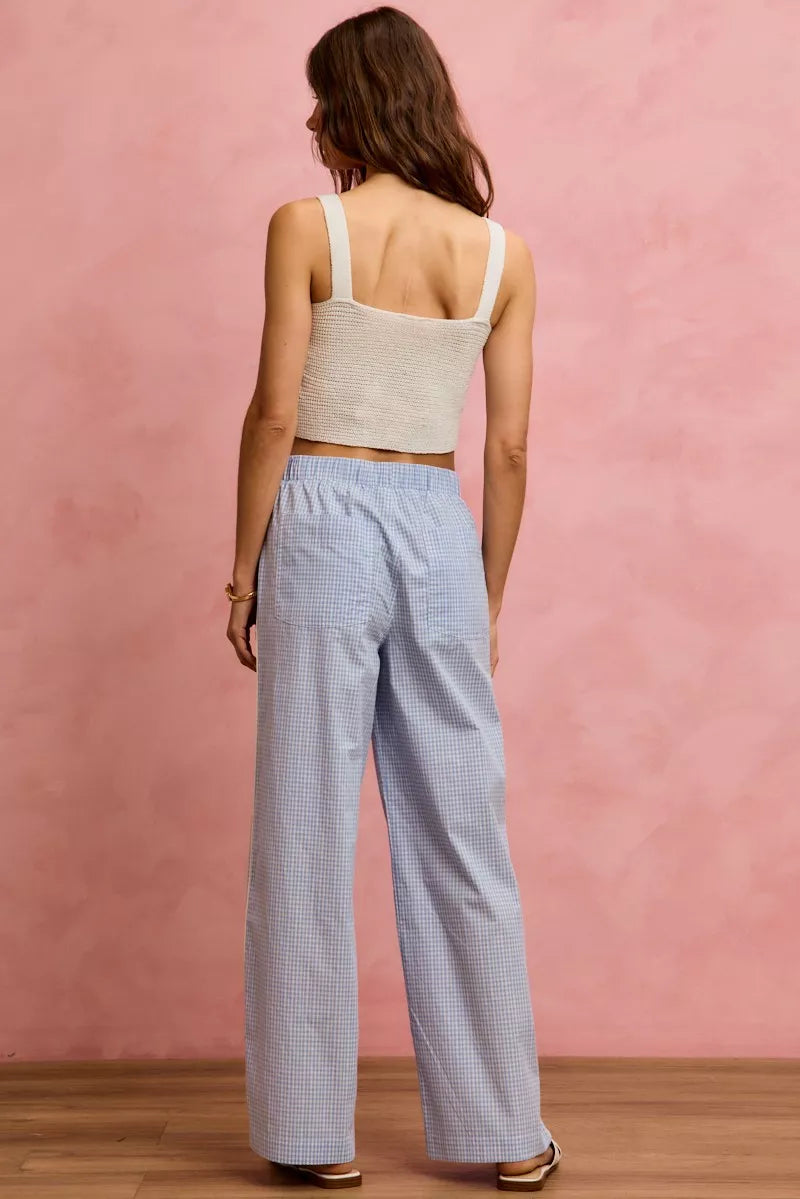 Women's Wide Leg Check Pants with Lace Trim in Light Blue White