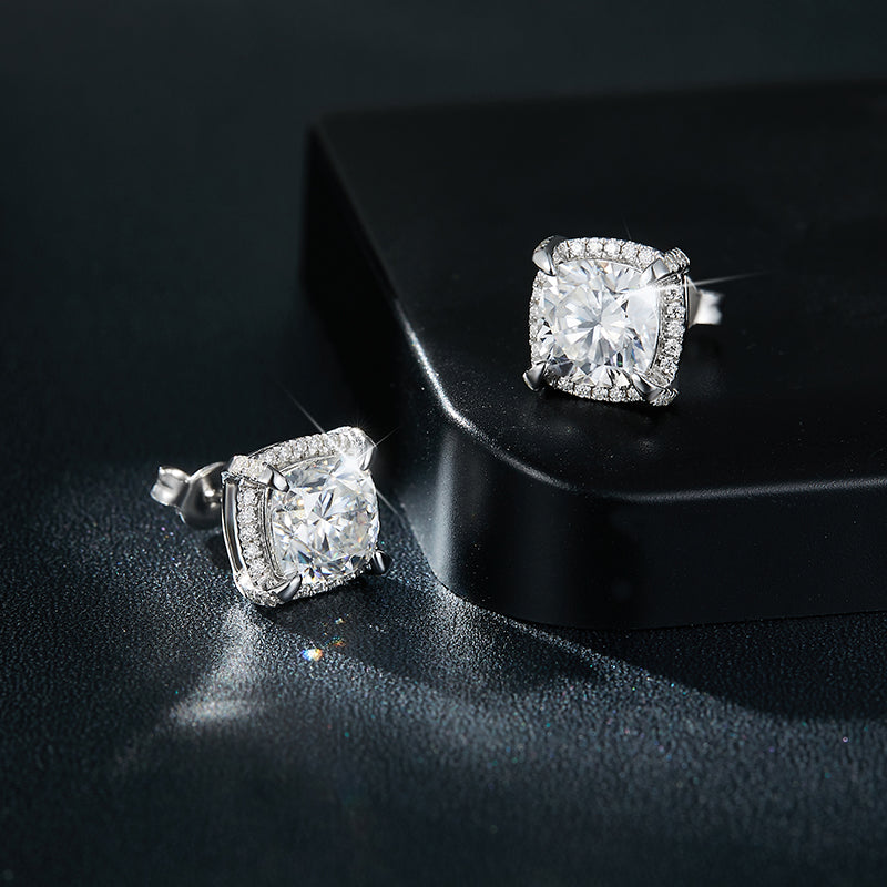 Cushion Cut Moissanite Halo Stud Earrings in Sterling Silver