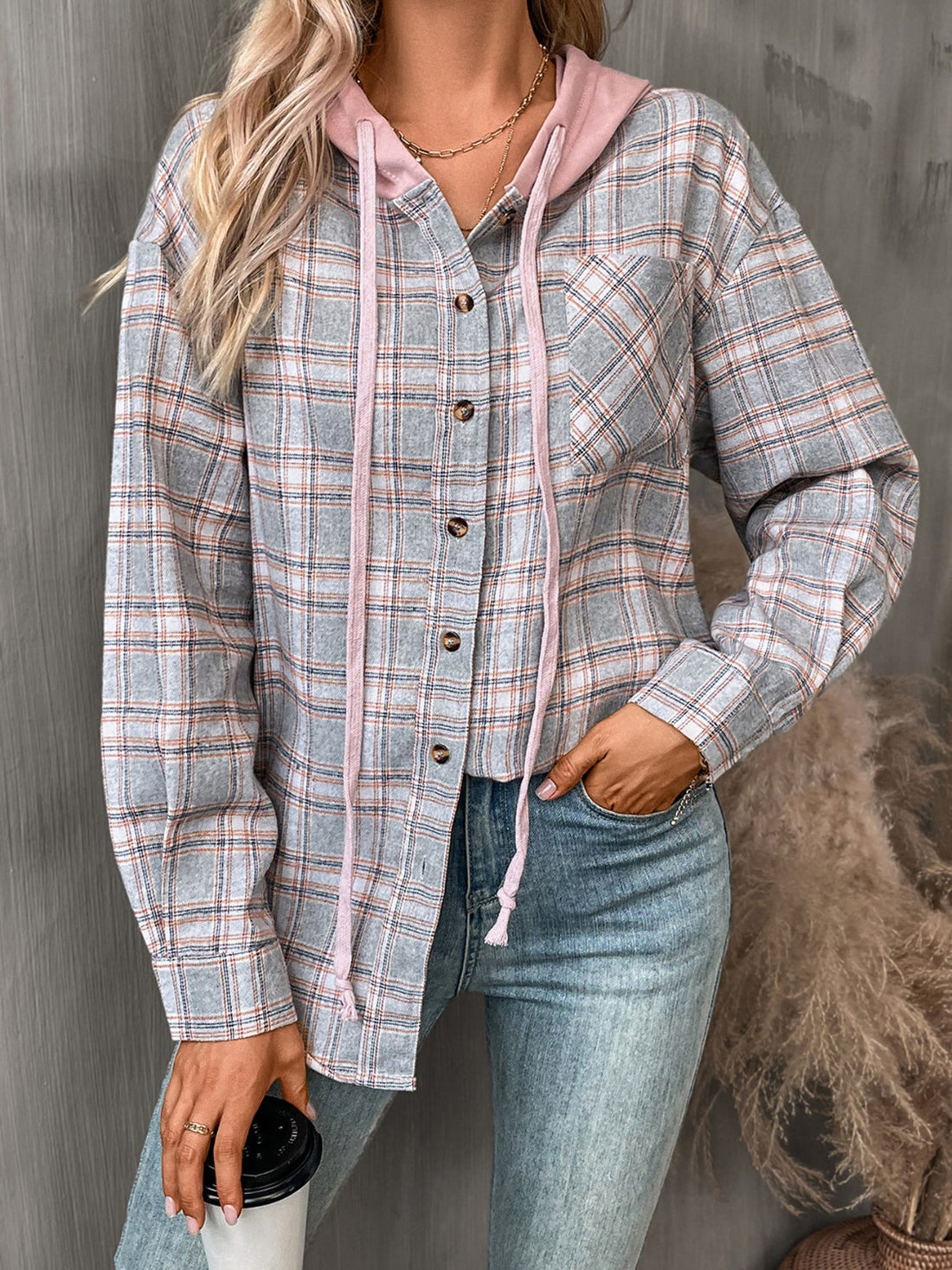 Women's Plaid Long Sleeve Hooded Jacket Casual Button Down Shirt - Image 4