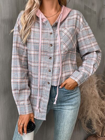 Women's Plaid Button-Down Hooded Jacket Cotton-Blend Shacket