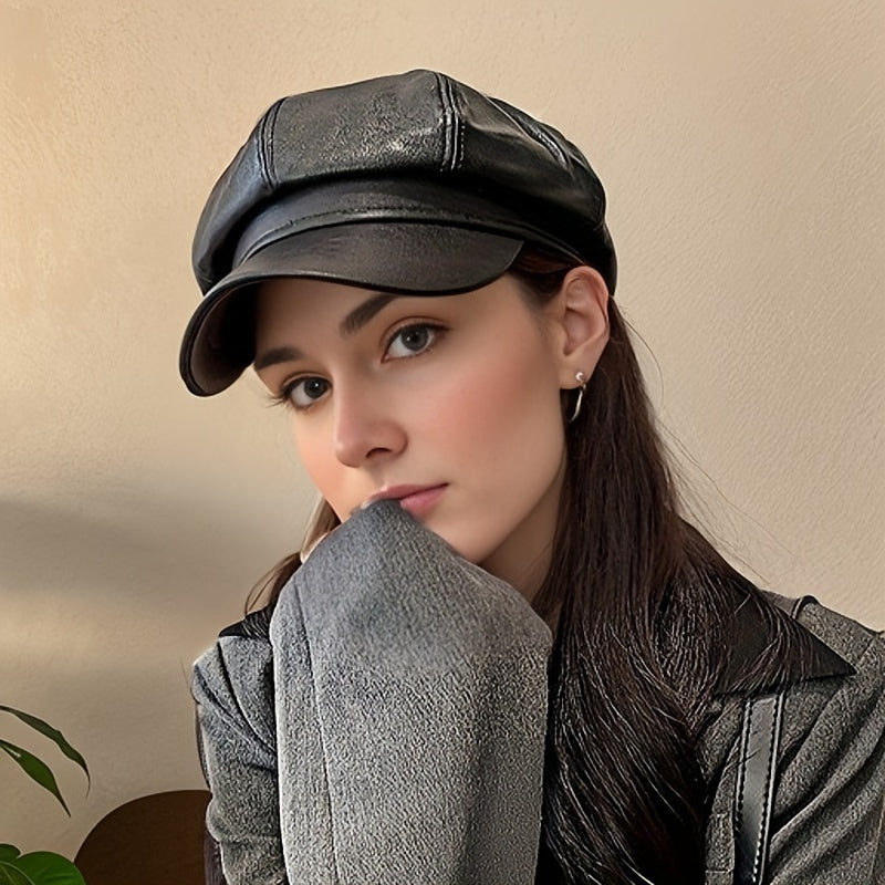 Retro British Faux Leather Beret Warm Stylish Versatile