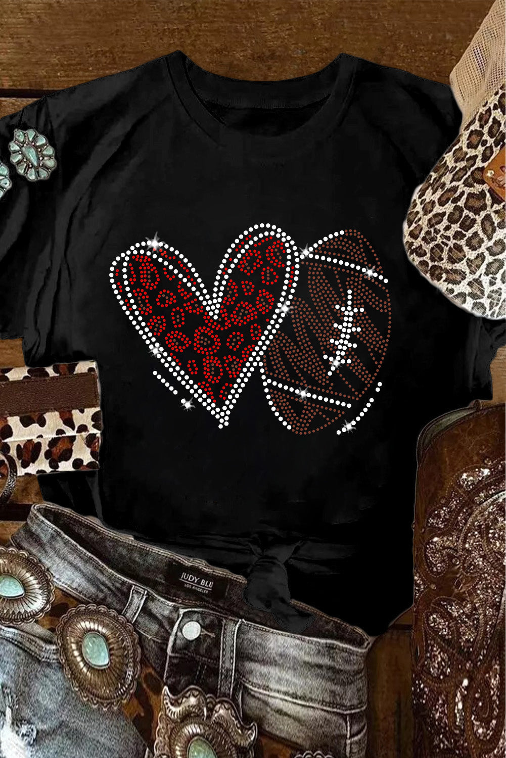 Black Rhinestone Heart Rugby Graphic Crewneck T-Shirt
