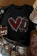 Black Rhinestone Heart Rugby Graphic Crewneck T-Shirt