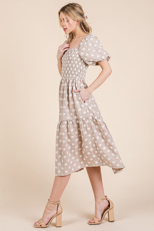 Floral Embroidered Smocked Puff Sleeve Tiered Midi Dress