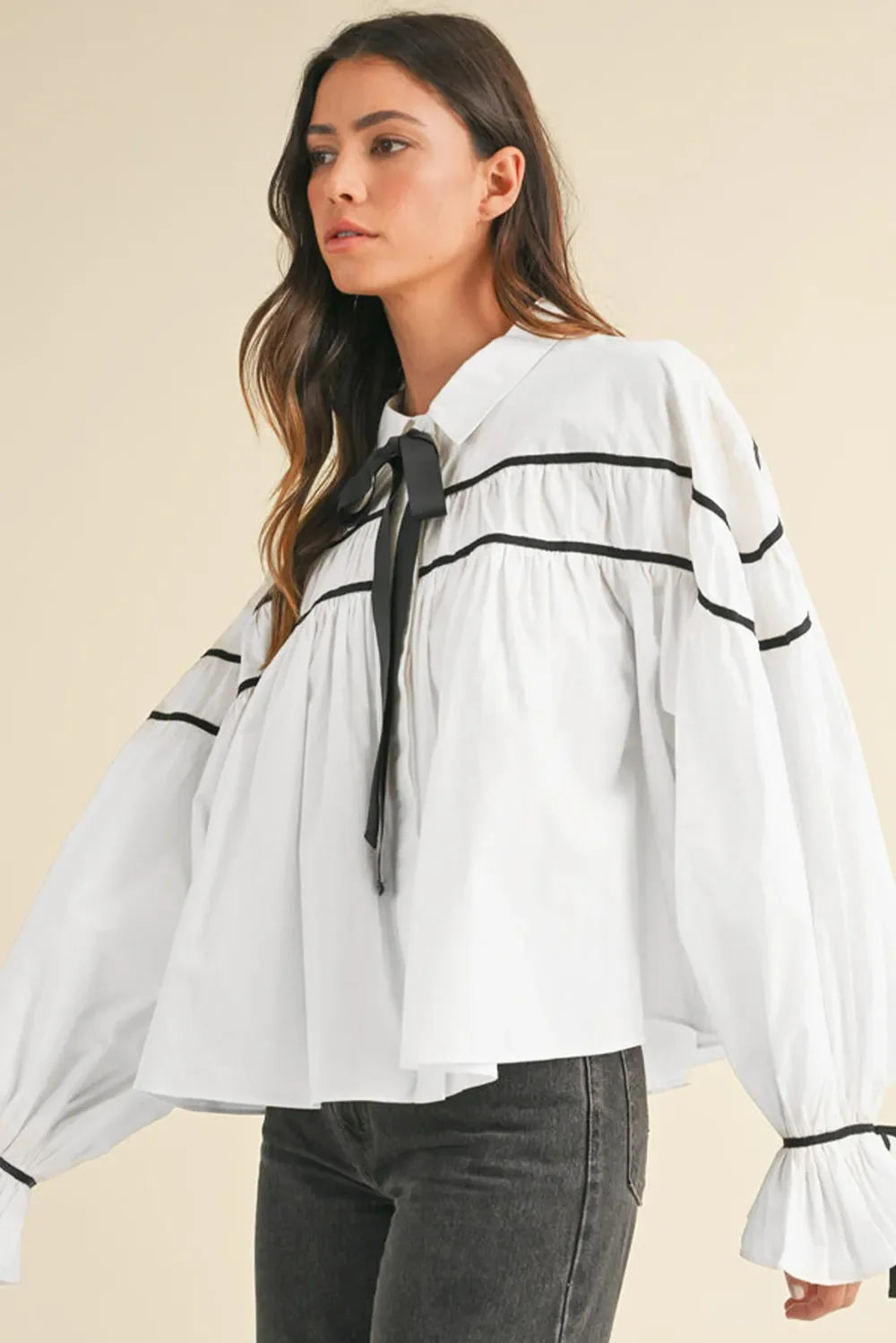 White Ribbon Bowtie Collared Blouse with Flounce Sleeves - Image 2