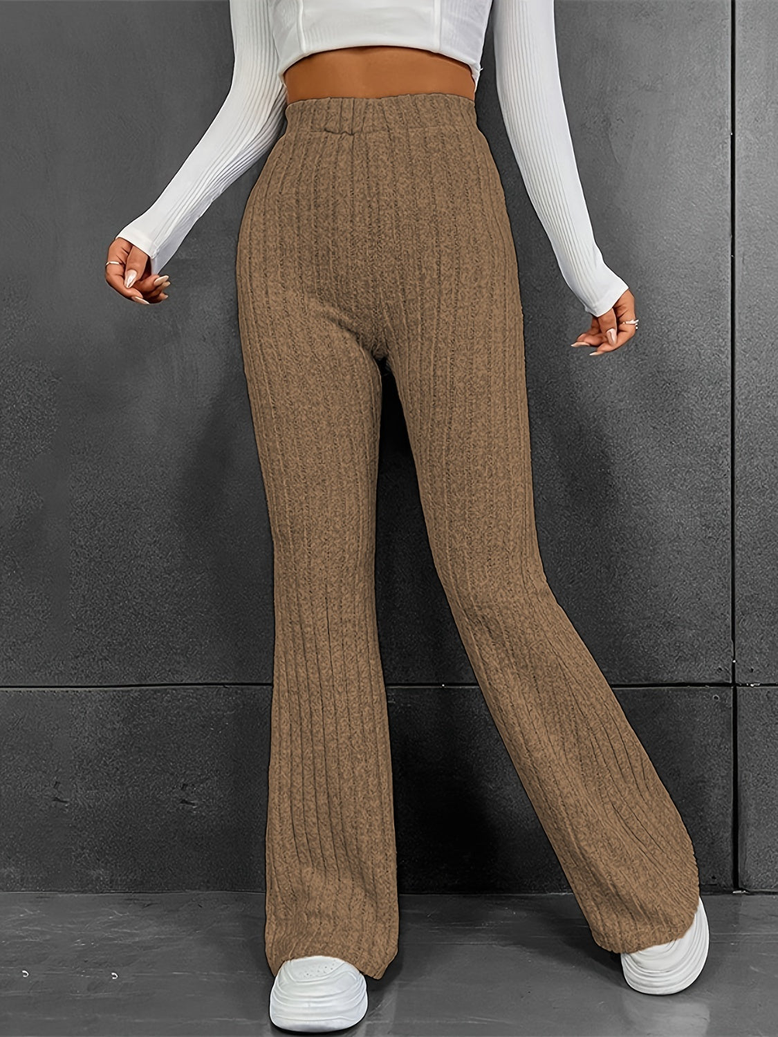Ribbed High Waist Bootcut Pants | Polyester