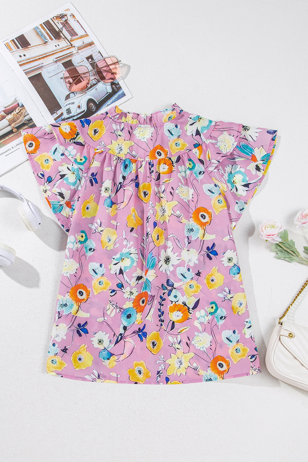 Pink Flutter Sleeve V Neck Floral Top