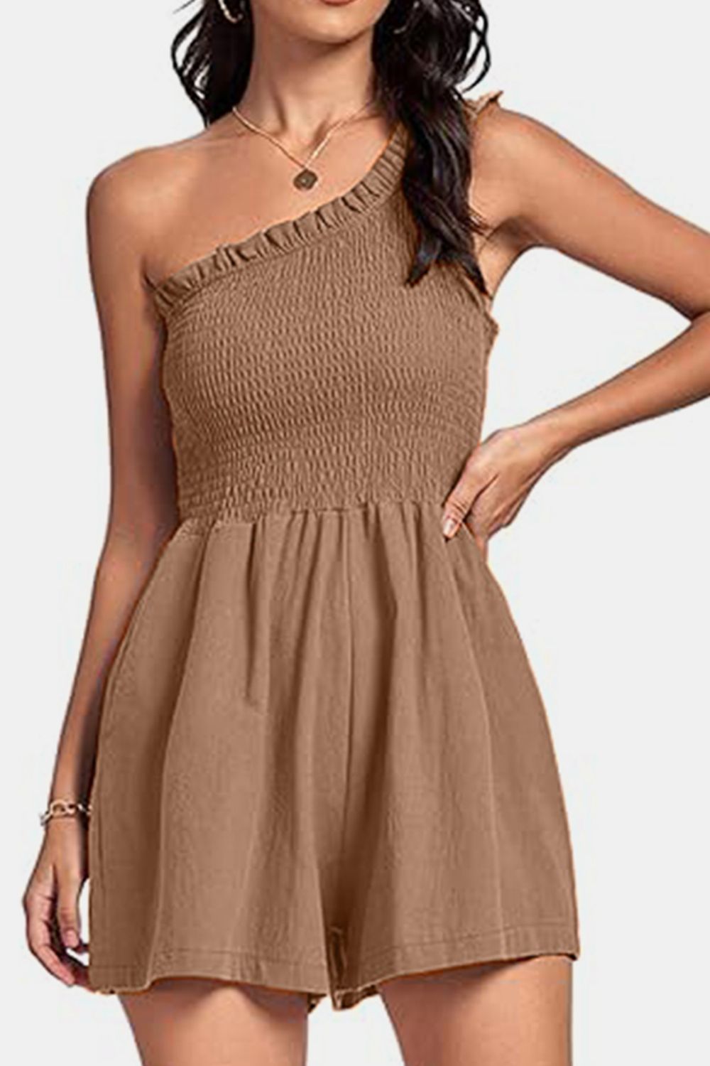 Smocked Single Shoulder Rayon Romper | Chic One-Piece