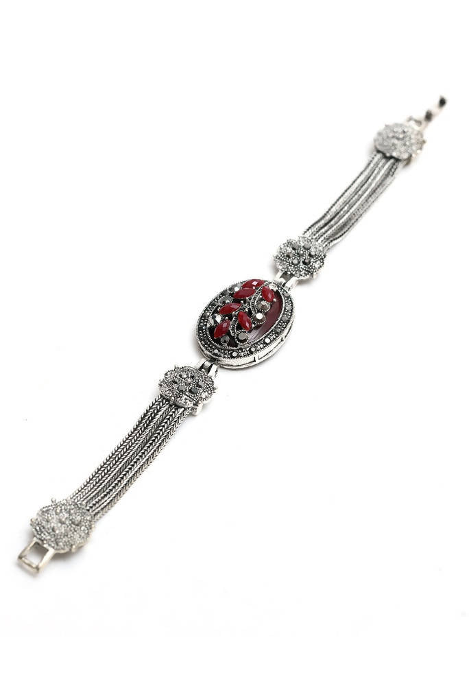 Handcrafted oxidised silver bracelet with red and black ethnic detailing for women