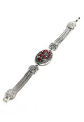 Handcrafted oxidised silver bracelet with red and black ethnic detailing for women