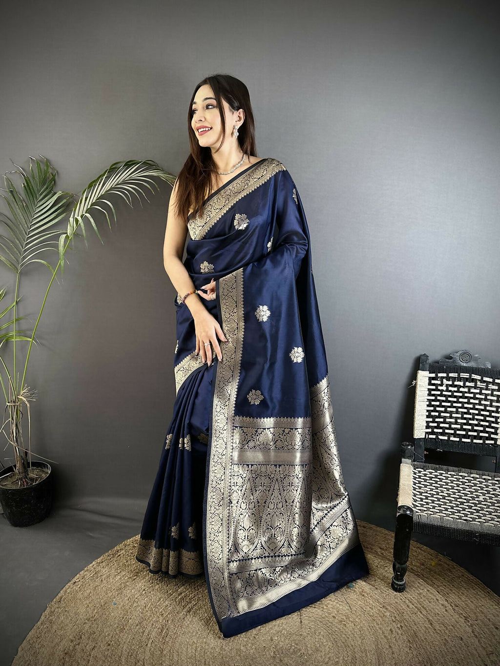 Navy blue cotton silk Banarasi saree with floral woven jacquard design