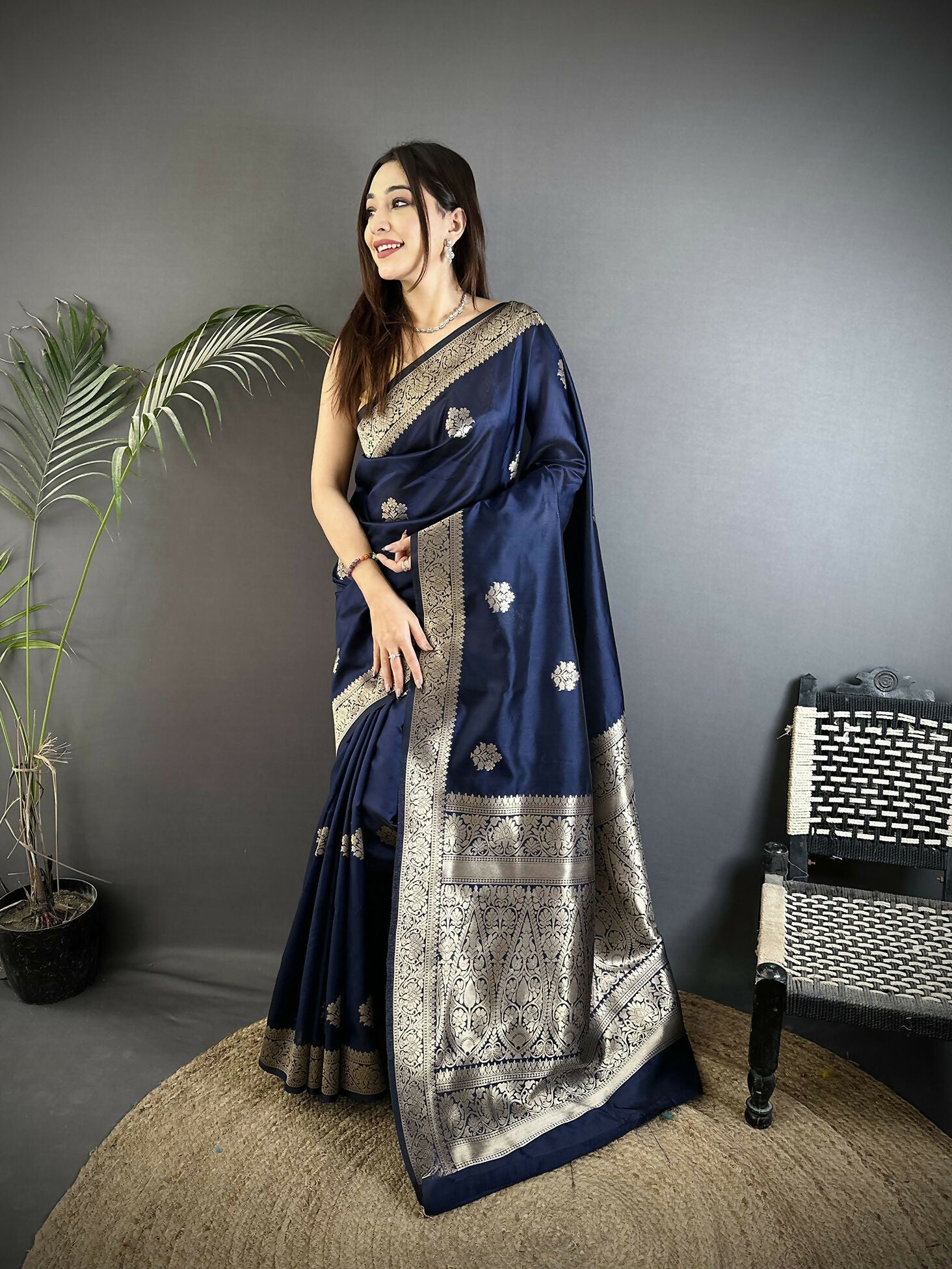 Navy blue cotton silk Banarasi saree with floral woven jacquard design
