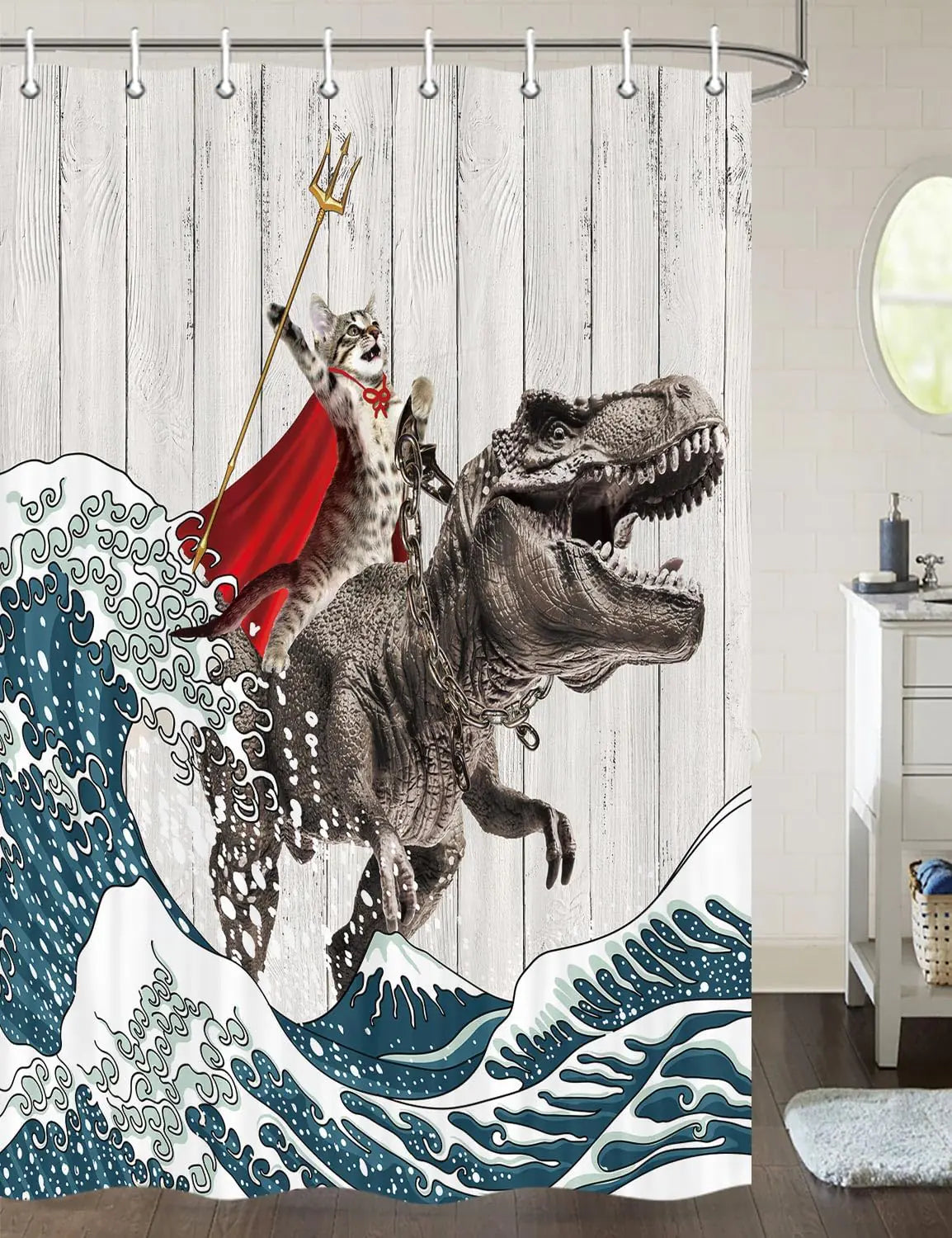 Funny Cat Shower Curtain Cool Cat Dinosaur Japanese Ocean Wave Shower Curtain Cat Riding Dinosaur Fun Shower Curtain Nautical Kids Children Rustic Wooden Farmhouse Shower Curtain 54X72inch Brown