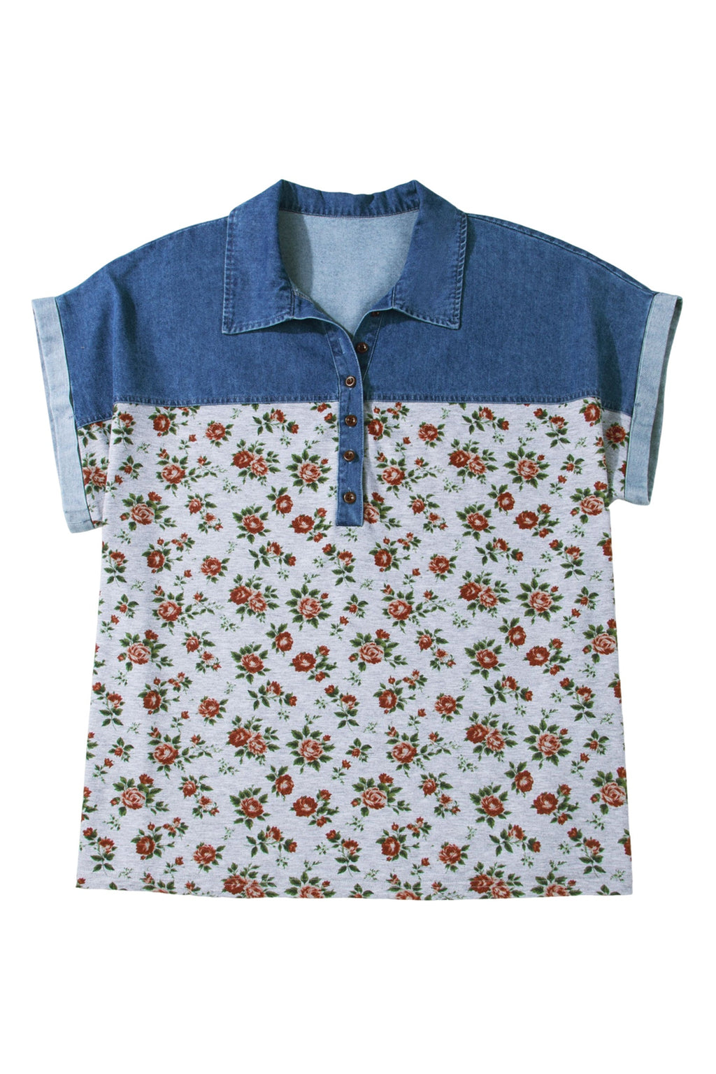 Karla Patchwork Polo Tee with Floral Print in Blue and Grey