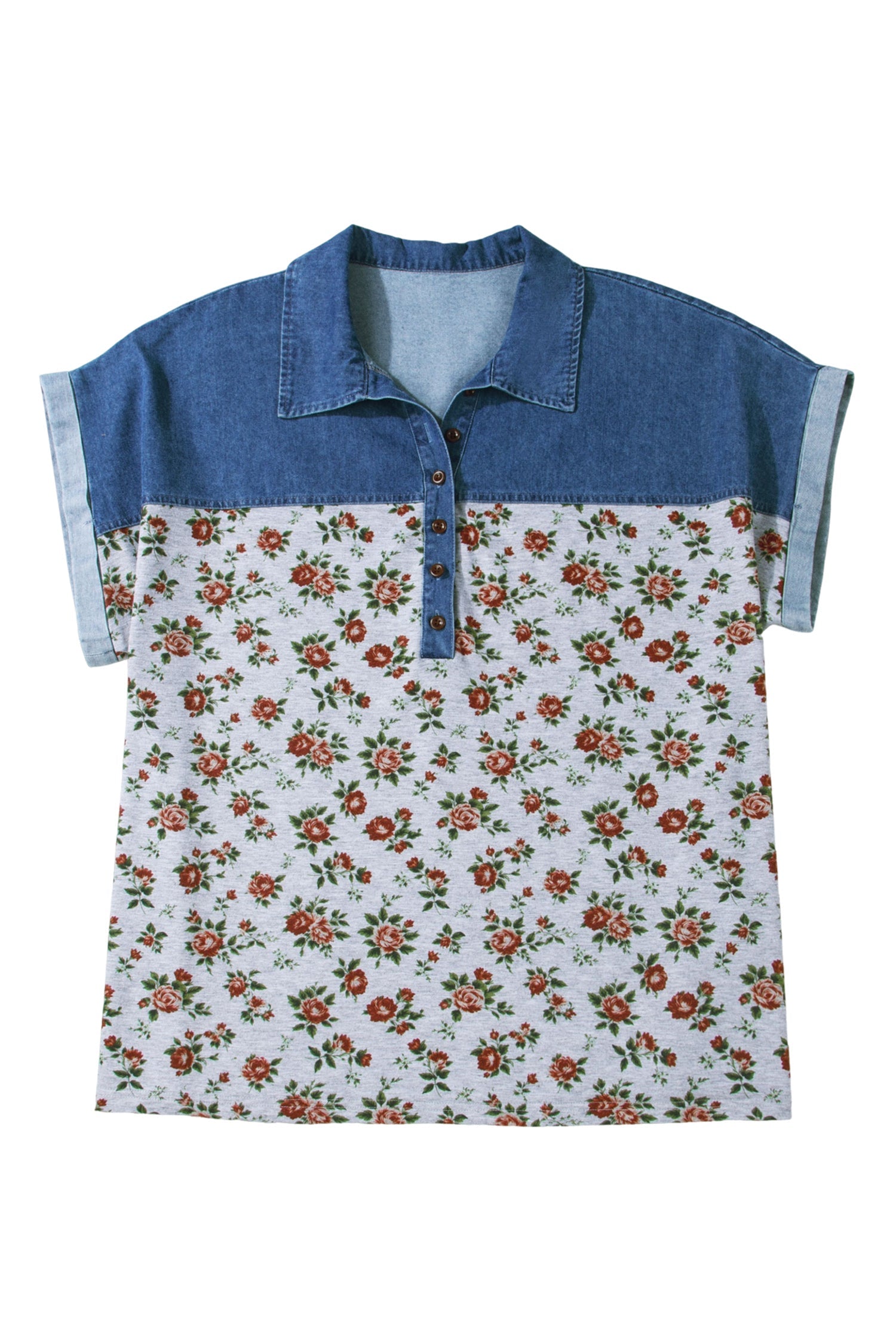 Karla Patchwork Polo Tee with Floral Print in Blue and Grey