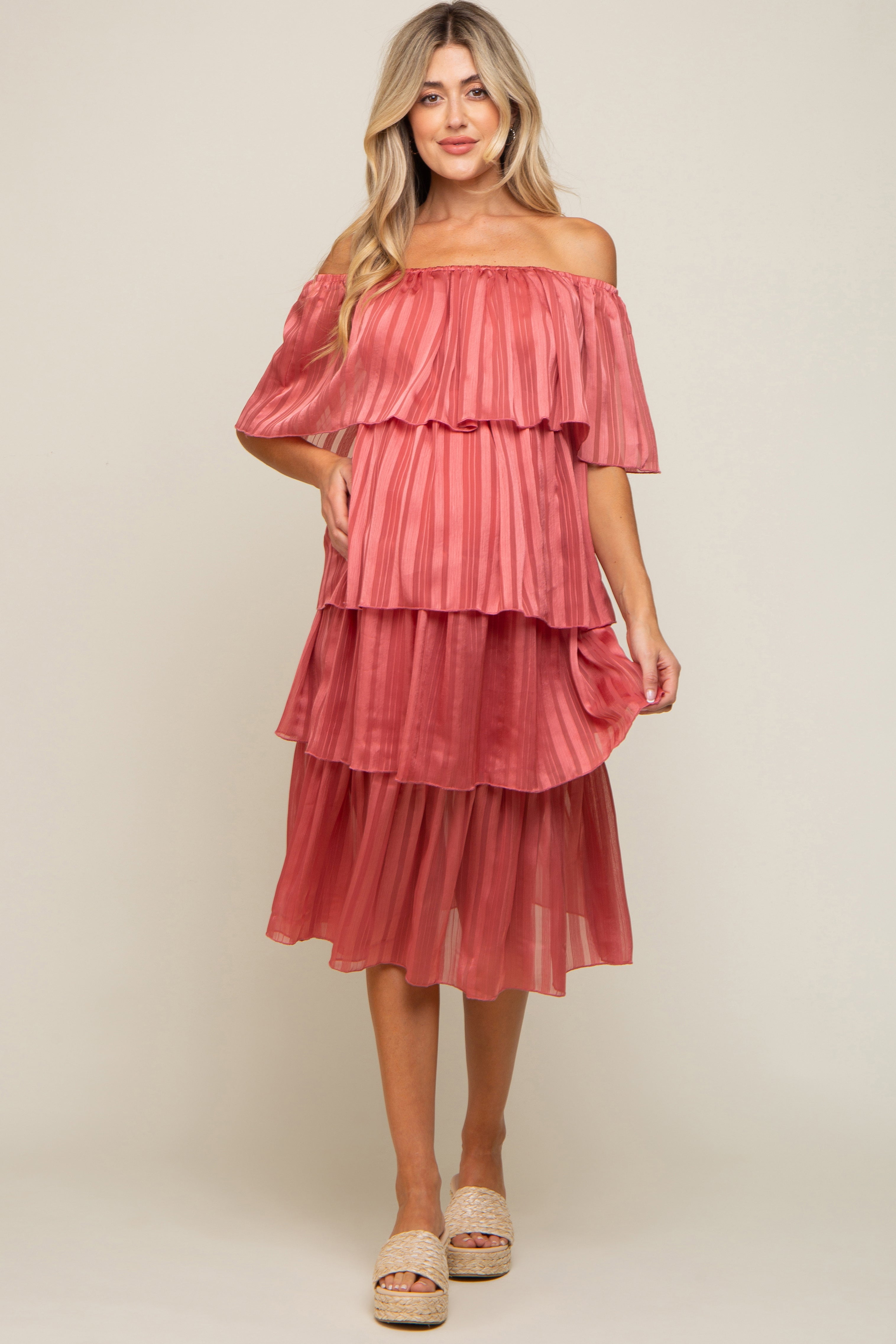 Dark Mauve Striped Layered Maternity Midi Dress