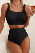 Black Corded Square Neck Bikini Swimsuit