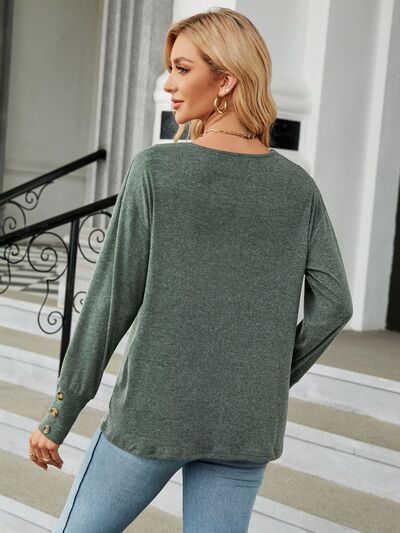 Women's V-Neck Long Sleeve T-Shirt with Button Cuff Detail - Image 7