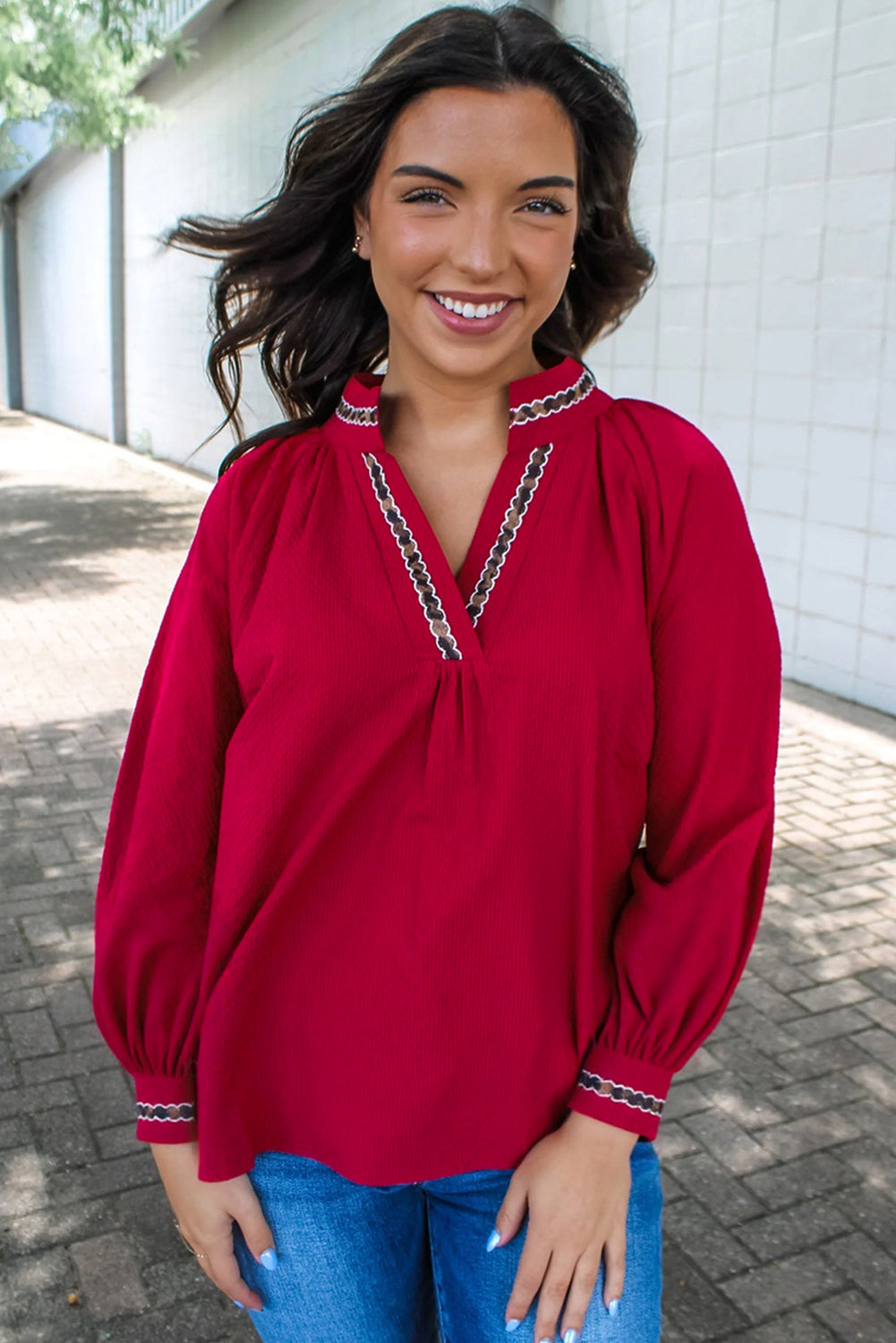 Racing Red Leopard Jacquard Print V Neck Textured Blouse