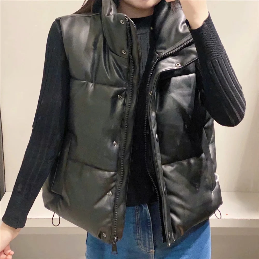 Women's Black Faux Leather Puffer Vest - Harajuku Style - Image 2